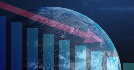 A composite image depicts a global economic downturn through a falling stock market arrow.