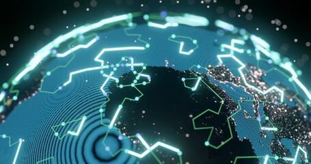 Image of glowing blue mesh of connections spinning over globe and black background