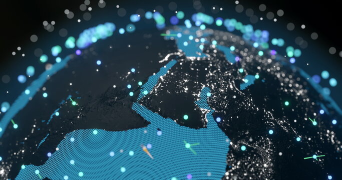 Image of glowing blue mesh of connections spinning over globe and black background