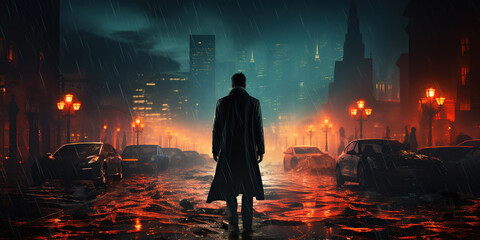 silhouette of back of a maniac detective in a coat on street in the city at night in the rain with fog. Mystical dark poster banner - obrazy, fototapety, plakaty