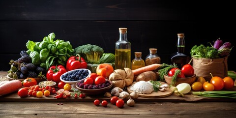 Organic food products arranged on wooden table.