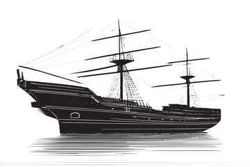 Vector illustration of a ship outlined in black with a textured appearance, isolated on a white background