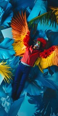 Person lying amidst a burst of feather-like leaves, creating a surreal and colorful bird-human hybrid artwork