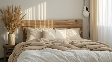 Fototapeta na wymiar Bed with wood headboard and beige bedding. Scandinavian, boho interior design of modern bedroom