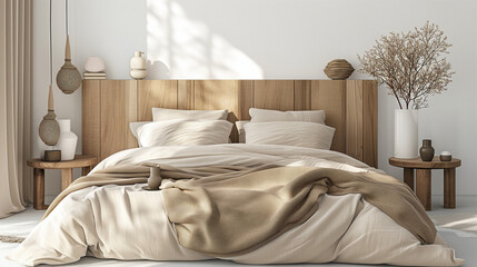  Bed with wood headboard and beige bedding. Scandinavian, boho interior design of modern bedroom