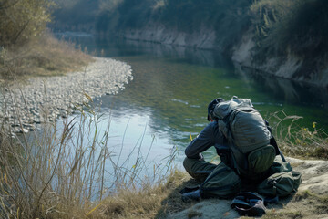 Rucking Participant Reflecting by Riverbank in Nature Setting