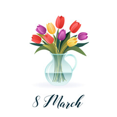 International Women's Day. 8 March. Banner, postcard with isolated bouquet of tulips in vase. Spring flowers on white background. Modern vector design for poster, campaign, social media post. 
