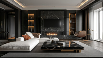 Black marble stone coffee table near white sofa by classic fireplace. Art deco style home interior design of modern living room