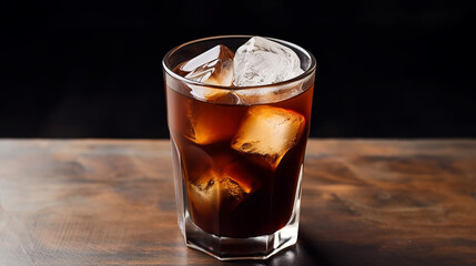 espresso tonic on wooden table in a modern minimalist cafe