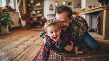 Fototapeta premium Man and Boy Laying on Floor