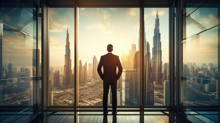 Man Standing in Front of Window Looking at City
