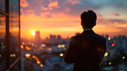 Fototapeta premium Man in Suit Looking Out Window at City