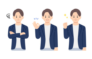 悩み･解決･ガッツポーズをするビジネスパーソン男性のセット【人物ベクターイラスト素材】