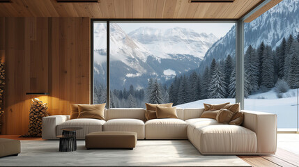  Corner sofa in room with wooden lining paneling wall and ceiling. Minimalist home interior design of modern living room in chalet, panoramic window with great winter snow mountain landscape view
