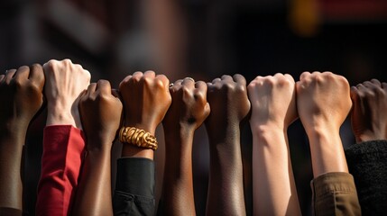 Close up people raising their hand against racisms. - obrazy, fototapety, plakaty
