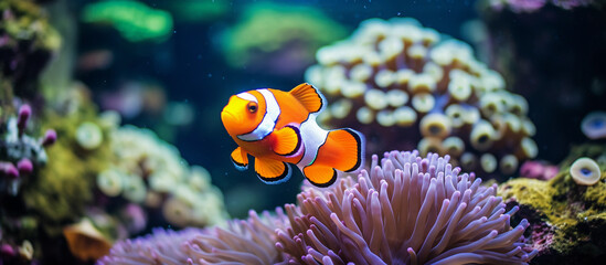 A coral reef that is colorful and features a fish swimming in the water. 
