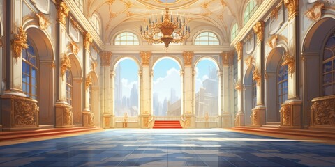 Illustration of a long hall in an antique castle's interior. - obrazy, fototapety, plakaty
