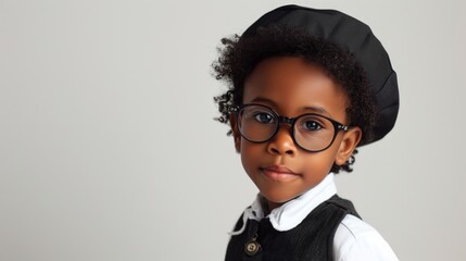 portrait of a little black boy dressed as teacher on white background with copy space