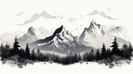 A Black and white mountain range, landscape, tree symbols, stencil vector illustration.