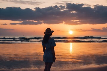 Fototapeta premium Young tourist woman standing and looking at the sea at sunset, concept. Happiness in traveling.