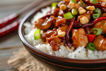 A detailed view showcasing Chinese Kung Pao chicken elegantly presented over a bed of rice