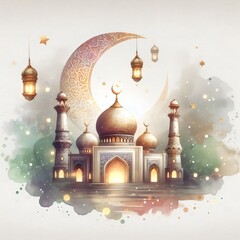 Ramadan Kareem background with mosque and crescent. Watercolor illustration. Ramadan kareem, eid mubarak, muslim and eid fitr concept.