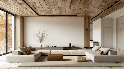 Minimalist interior design of modern living room with two sofas and wooden planks ceiling