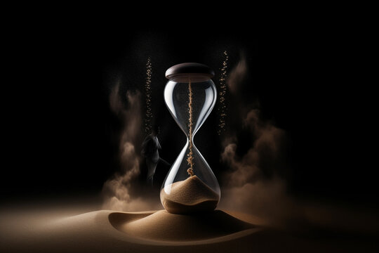 States of mind, running time concept. Human silhouette and hourglass in desert background with copy space abstract and surreal minimalist illustration