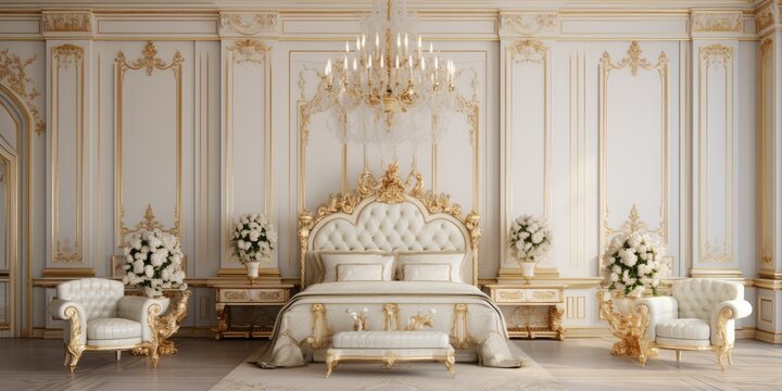 Opulent light-colored bedroom with golden furniture accents. Spacious, comfortable double royal bed in a refined classic setting.