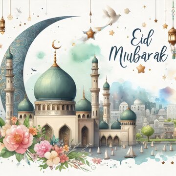Eid mubarak greeting card with mosque, moon and flowers. watercolor illustration. Ramadan kareem, eid mubarak, muslim and eid fitr concept.