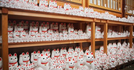 Japan, traditional and neko maneki or group in shop for good luck cat, fortune or culture. Sculpture figure, gotokuji and store for travel destination in Tokyo for local history, spiritual or gift