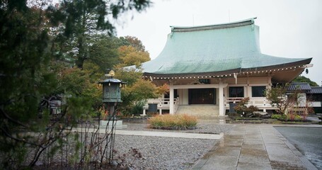 Buddhist temple, japan and worship by culture for religion, praise and prayer building in town....