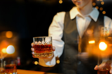 Bartender Serve Whiskey, on wood bar, 