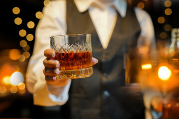 Bartender Serve Whiskey, on wood bar, 