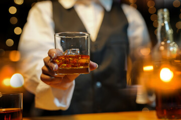 Bartender Serve Whiskey, on wood bar, 