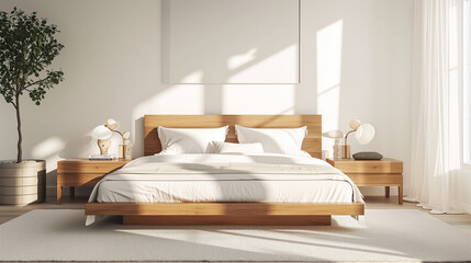 Scandinavian style interior design of modern bedroom. Wood bed with white bedding and bedside cabinets