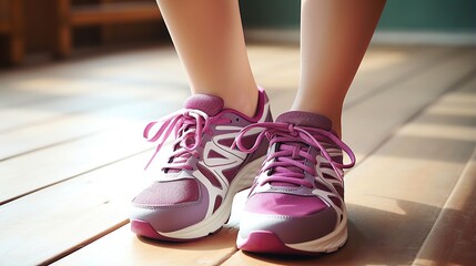 young sport wearing shoes outdoors. Sneakers on woman's feet close up, training in stadium at sunrise