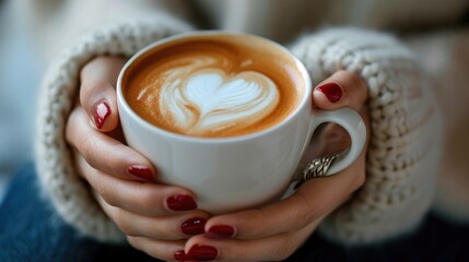 closeup woman hands in sweater holding white cup of cappuccino with heart shape latte art. Valentine's day concept
