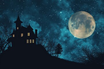 Fototapeta na wymiar A spooky silhouette of a haunted house against a full moon in the night sky Halloween background with haunted house