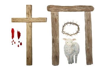 Watercolor wooden cross, lamb, crown of thorns, doorjamb, blood religious illustration isolated on white