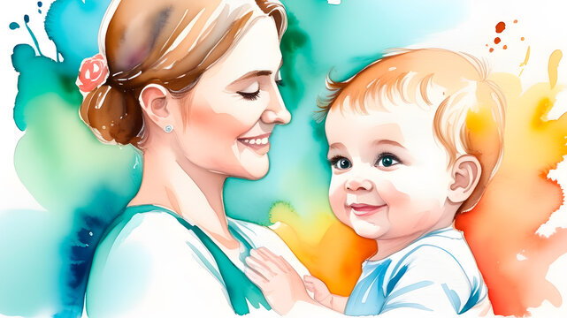 A woman with a baby in her arms. Background for March 8, Mother's Day.