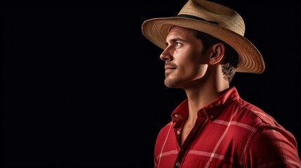 Agriculture, Confident Farmer Wearing a wide-brimmed hat and a red striped shirt, standing looking at the camera, isolated on a white transparent background.