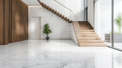 Wooden staircase and marble floor in minimalist interior design of modern entrance hall with door