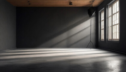 An exquisite space, illuminated by a celestial glow descending from above, beckons for logo mockups or product displays. The backdrop of a black wall exudes sophistication.