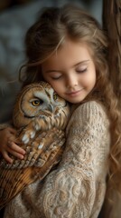 Obraz premium Very beautiful little girl carefully hugging an owl. Poster about careful attitude to the surrounding world and harmonious existence of man and fauna.