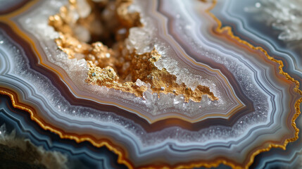Macro close-up of natural geode crystal gemstone mineral rock formation, white, brown, pink, gold, amethyst, rose quartz, agate, background image, room for copy space