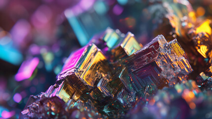 Macro crystal bismuth gemstone rock formation, colorful lighting, background image, room for copy space