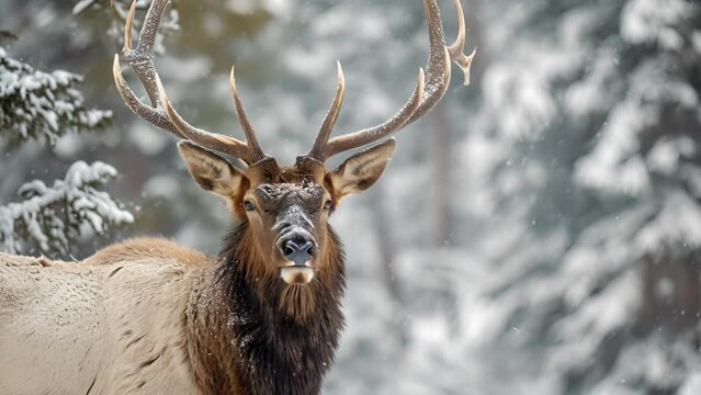 Closeup of a regal elk its thick coat fluffed up to protect against the cold posing proudly in front of snowcovered trees