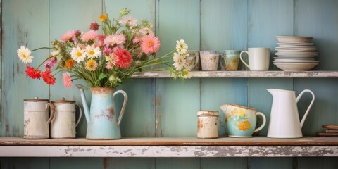 Old kitchen items on weathered wooden shelf, wildflower bouquet in faience pitcher, shabby chic aesthetic - obrazy, fototapety, plakaty