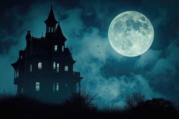Fototapeta na wymiar A spooky silhouette of a haunted house against a full moon in the night sky Halloween background with haunted house